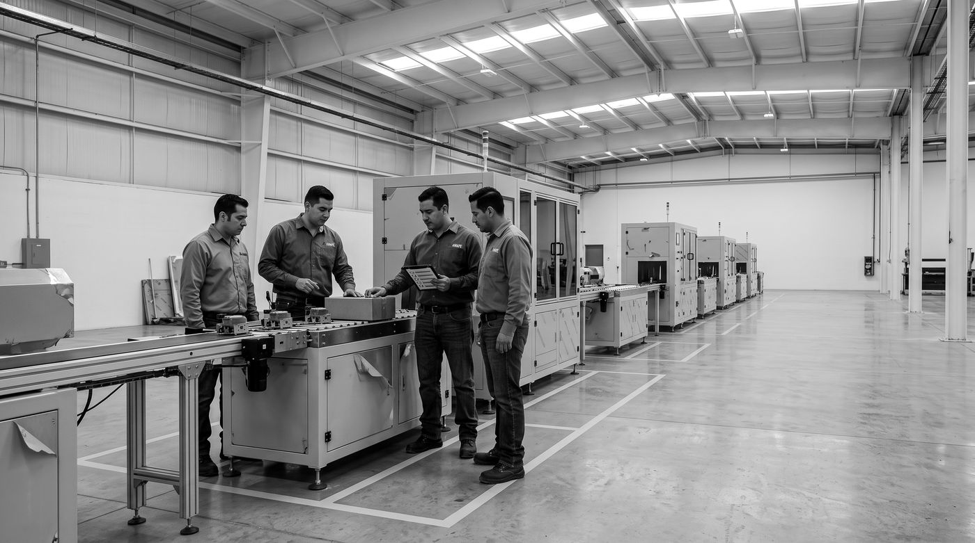 Equipo de ingenieros revisando un proceso junto a la línea