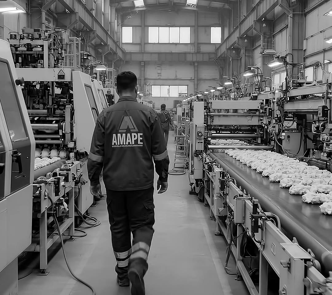 Técnico recorriendo una línea de producción en operación