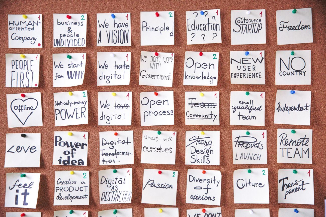 Tablero con ideas y valores de un equipo